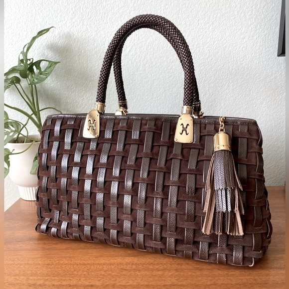Cole Haan Dark Brown Woven Tote with Gold Accents - Picture 1 of 16